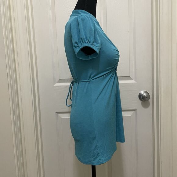 Three Pink Hearts Turquoise Babydoll Blouse Ruched Pleated V-Neck Women's Medium - Picture 2 of 8